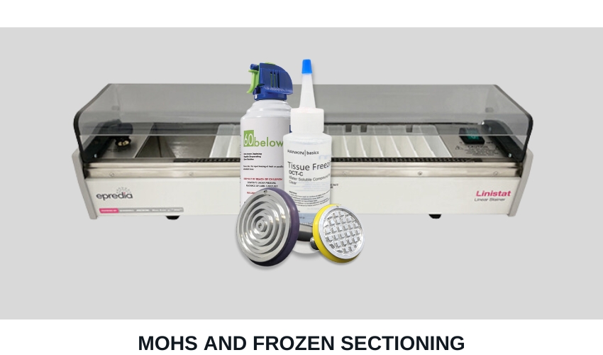 thermo epredia linistat slide stainer, mohs freeze spray, rankin basics tissue freezing medium oct, round groove purple cryo chuck and waffle groove yellow cryostat for mohs